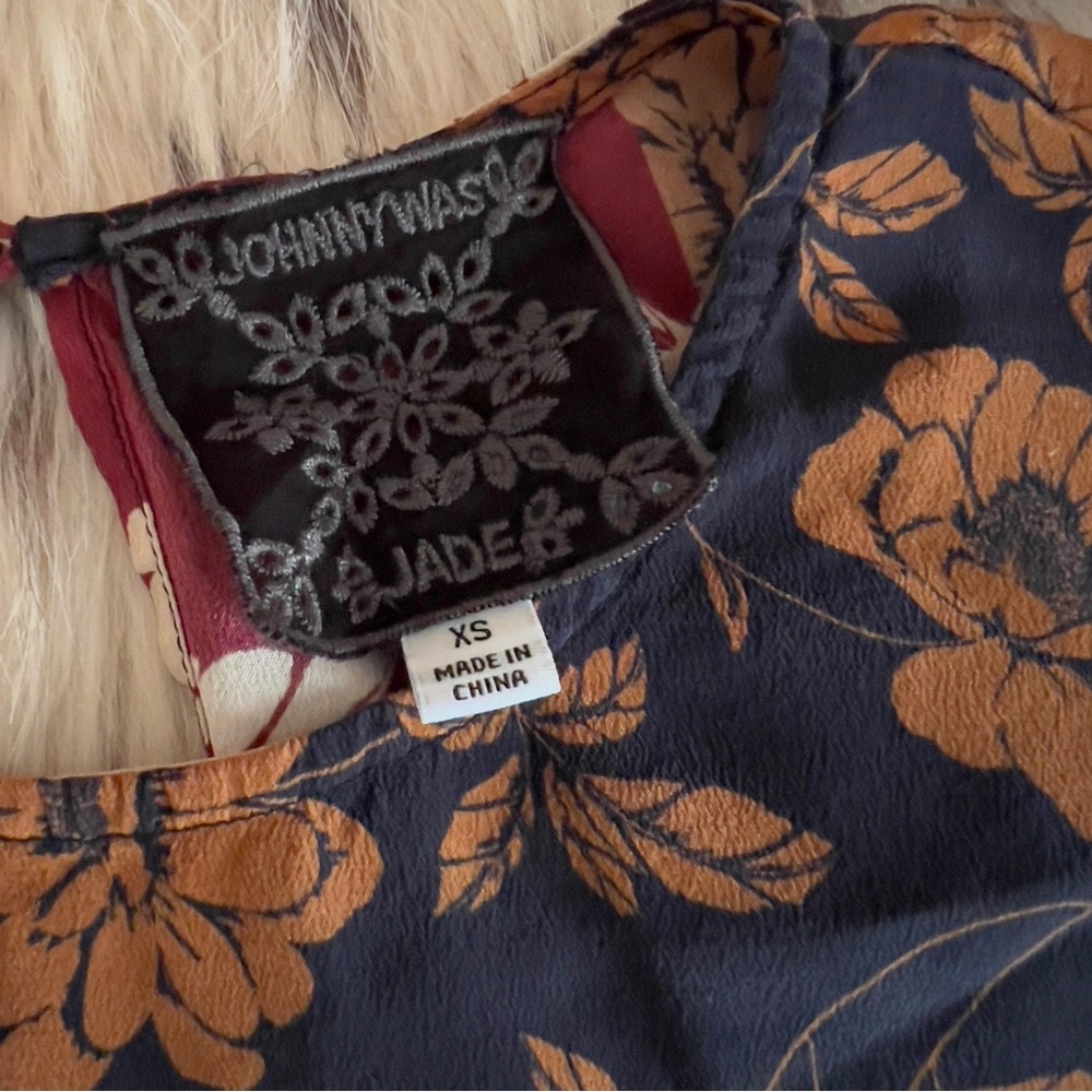 Johnny Was Navy and Mustard Floral Blouse
